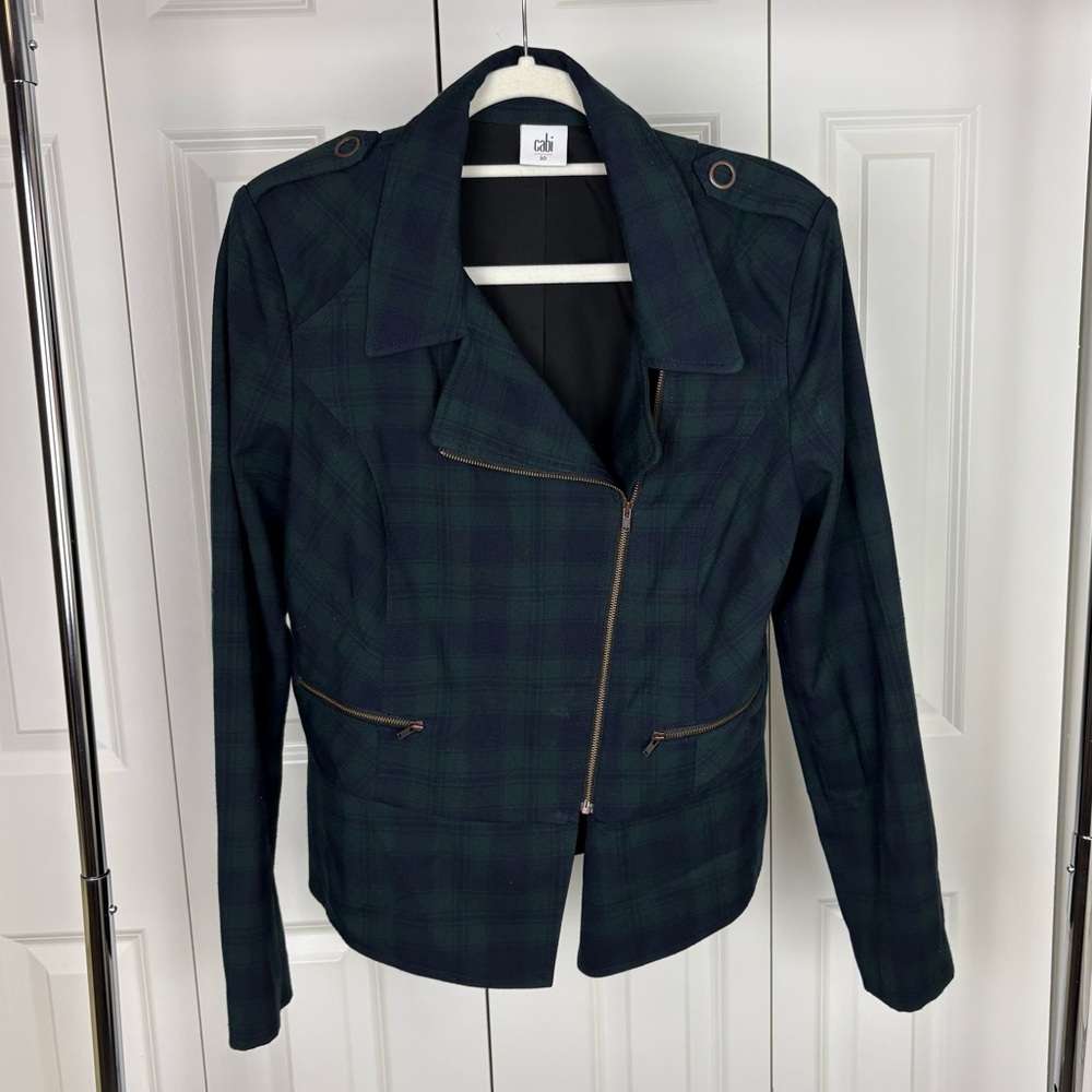 CAbi Women's Dark Green Plaid Moto Blazer